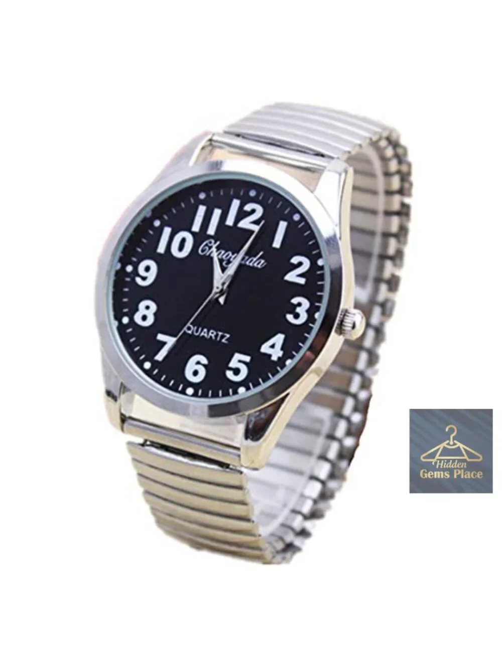 Classic Stainless Steel Strap Expansion Bracelet Quartz Wristwatch Big Dial